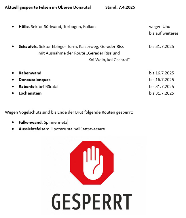 aktuelle Felssperrungen